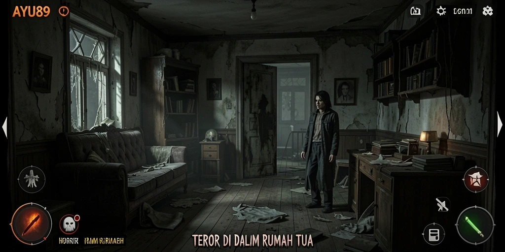 Tangkapan layar AYU89 menampilkan suasana rumah horor yang menakutkan.