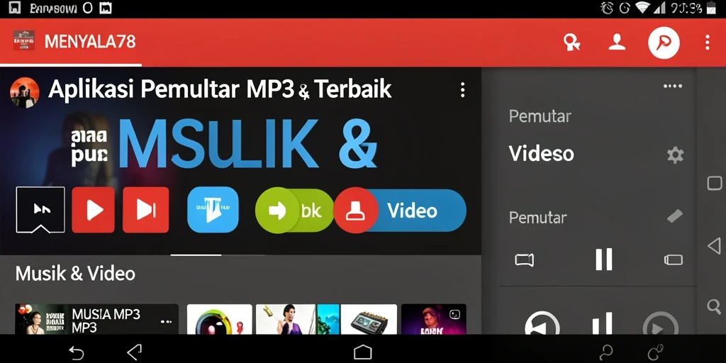 Tampilan antarmuka aplikasi Pemutar MP3 MENYALA78 yang menarik dan fungsional.